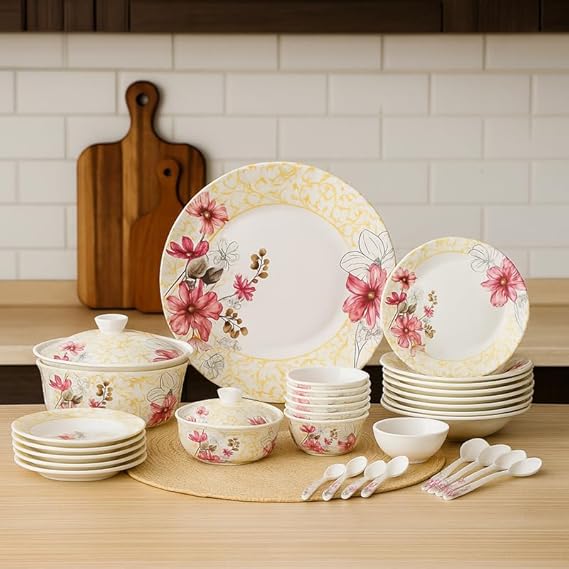 40 Pcs Melamine Dinner Set | Round Design with Dinner Plates, Small Plates, Serving Tray, Bowls with Lids, Spoons & Serving Spoons | Unbreakable & Lightweight Dinnerware (Golden Lining)