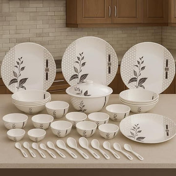 40 Pcs Melamine Dinner Set | Round Design with Dinner Plates, Small Plates, Serving Tray, Bowls with Lids, Spoons & Serving Spoons | Unbreakable & Lightweight Dinnerware (Matte Black)