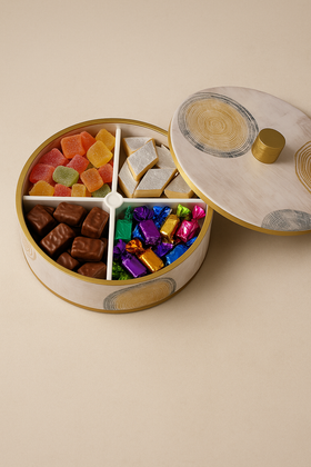 Comfy Homes Revolving Dry Fruit Container Collection | Dry Food Storage Box I Gifting Use I Multi-Purpose Box I Serving Platter with 4 section (White Ashwa)