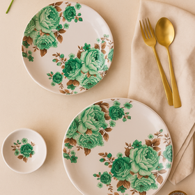 Comfy Homes 41 Pcs Lightweight Dinner Set | Round Design with Dinner Plates, Small Plates, Serving Tray, Bowls with Lids, Spoons & Serving Spoons | Unbreakable & Lightweight Dinnerware (Majestic Green) - 0