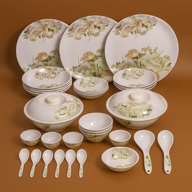 Comfy Homes 41 Pcs Lightweight Dinner Set | Round Design with Dinner Plates, Small Plates, Serving Tray, Bowls with Lids, Spoons & Serving Spoons | Unbreakable & Lightweight Dinnerware(White Lily)