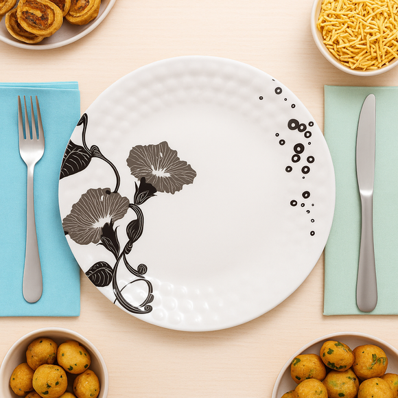 Comfy Homes 41 Pcs Melamine Dinner Set | Round Design with Dinner Plates, Small Plates, Serving Tray, Bowls with Lids, Spoons & Serving Spoons | Unbreakable & Lightweight Dinnerware (Black Magic)