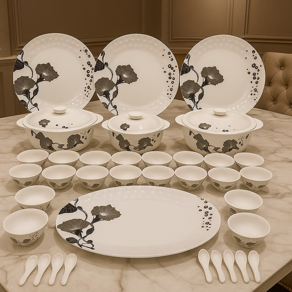 Comfy Homes 41 Pcs Melamine Dinner Set | Round Design with Dinner Plates, Small Plates, Serving Tray, Bowls with Lids, Spoons & Serving Spoons | Unbreakable & Lightweight Dinnerware (Black Magic)