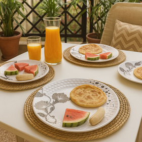 Comfy Homes 41 Pcs Melamine Dinner Set | Round Design with Dinner Plates, Small Plates, Serving Tray, Bowls with Lids, Spoons & Serving Spoons | Unbreakable & Lightweight Dinnerware (Black Magic) - 0