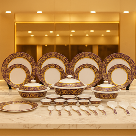 Comfy Homes 41 Pcs Melamine Dinner Set | Round Design with Dinner Plates, Small Plates, Serving Tray, Bowls with Lids, Spoons & Serving Spoons | Unbreakable & Lightweight Dinnerware (Purple Palace)