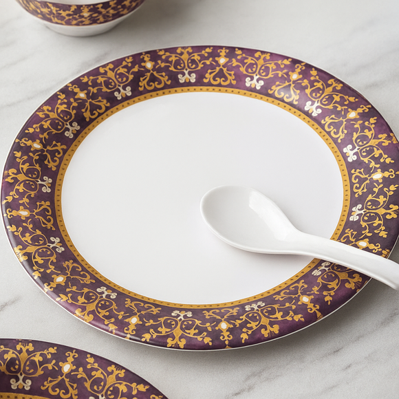 Comfy Homes 41 Pcs Melamine Dinner Set | Round Design with Dinner Plates, Small Plates, Serving Tray, Bowls with Lids, Spoons & Serving Spoons | Unbreakable & Lightweight Dinnerware (Purple Palace)