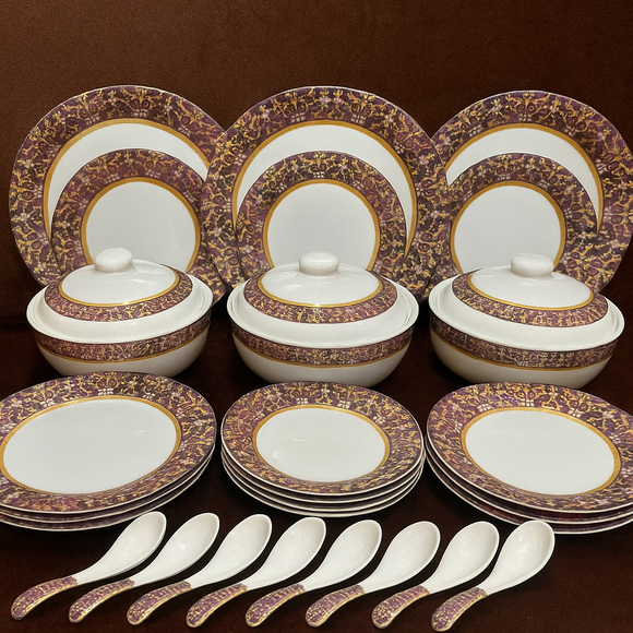 Comfy Homes 41 Pcs Melamine Dinner Set | Round Design with Dinner Plates, Small Plates, Serving Tray, Bowls with Lids, Spoons & Serving Spoons | Unbreakable & Lightweight Dinnerware (Purple Palace)