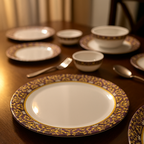 Comfy Homes 41 Pcs Melamine Dinner Set | Round Design with Dinner Plates, Small Plates, Serving Tray, Bowls with Lids, Spoons & Serving Spoons | Unbreakable & Lightweight Dinnerware (Purple Palace)