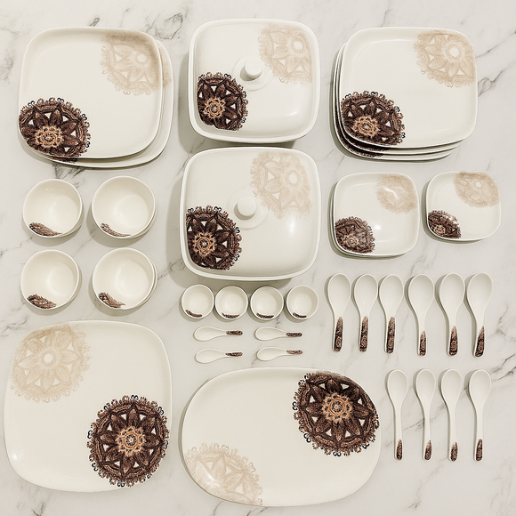 Comfy Homes 41 Pcs Melamine Dinner Set | Round Design with Dinner Plates, Small Plates, Serving Tray, Bowls with Lids, Spoons & Serving Spoons | Unbreakable & Lightweight Dinnerware (Purple Regalia)