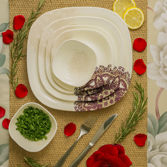 Comfy Homes 41 Pcs Melamine Dinner Set | Round Design with Dinner Plates, Small Plates, Serving Tray, Bowls with Lids, Spoons & Serving Spoons | Unbreakable & Lightweight Dinnerware (Purple Regalia)