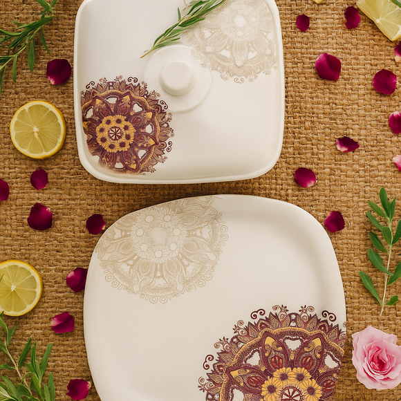 Comfy Homes 41 Pcs Melamine Dinner Set | Round Design with Dinner Plates, Small Plates, Serving Tray, Bowls with Lids, Spoons & Serving Spoons | Unbreakable & Lightweight Dinnerware (Purple Regalia)