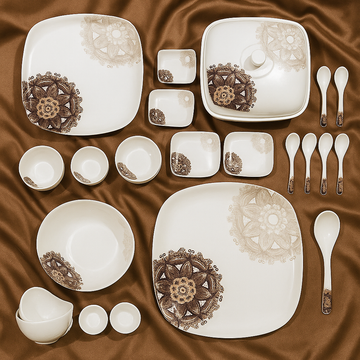 Comfy Homes 41 Pcs Melamine Dinner Set | Round Design with Dinner Plates, Small Plates, Serving Tray, Bowls with Lids, Spoons & Serving Spoons | Unbreakable & Lightweight Dinnerware (Purple Regalia)