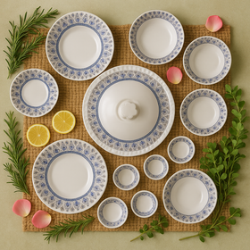 Comfy Homes 40 Pcs Melamine Dinner Set | Round Design with Dinner Plates, Small Plates, Serving Tray, Bowls with Lids, Spoons & Serving Spoons | Unbreakable & Lightweight Dinnerware (Blue Monarchy) - 0