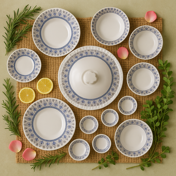Comfy Homes 40 Pcs Melamine Dinner Set | Round Design with Dinner Plates, Small Plates, Serving Tray, Bowls with Lids, Spoons & Serving Spoons | Unbreakable & Lightweight Dinnerware (Blue Monarchy)