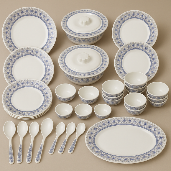 Comfy Homes 40 Pcs Melamine Dinner Set | Round Design with Dinner Plates, Small Plates, Serving Tray, Bowls with Lids, Spoons & Serving Spoons | Unbreakable & Lightweight Dinnerware (Blue Monarchy)