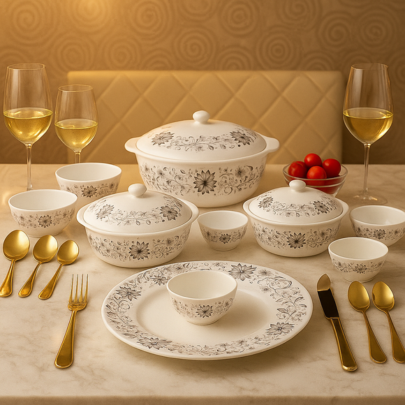 Comfy Homes Round Melamine 41 Pcs Floral Dinner Set | 6 Dinner Plates, 6 Small Plates, 1 Serving Tray, 3 Big Serving Bowls with Lid, 12 Small Bowls, 6 Spoons, 4 Serving Spoons (Royal Black)