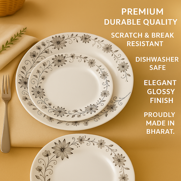 Comfy Homes Round Melamine 41 Pcs Floral Dinner Set | 6 Dinner Plates, 6 Small Plates, 1 Serving Tray, 3 Big Serving Bowls with Lid, 12 Small Bowls, 6 Spoons, 4 Serving Spoons (Royal Black)