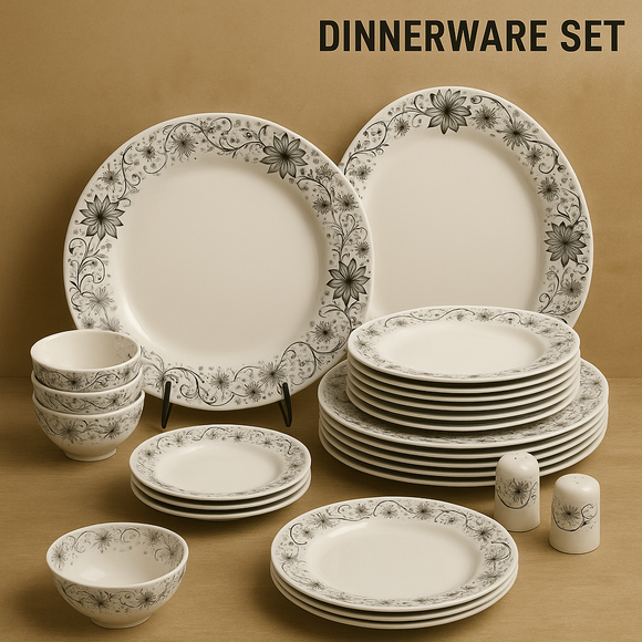 Comfy Homes Round Melamine 41 Pcs Floral Dinner Set | 6 Dinner Plates, 6 Small Plates, 1 Serving Tray, 3 Big Serving Bowls with Lid, 12 Small Bowls, 6 Spoons, 4 Serving Spoons (Royal Black)