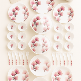 Comfy Homes Round Melamine 41 Pcs Dinner Set | 6 Dinner Plates, 6 Small Plates, 1 Serving Tray, 3 Big Serving Bowls with Lid, 12 Small Bowls, 6 Spoons, 4 Serving Spoons (Pink Blossom) - 0