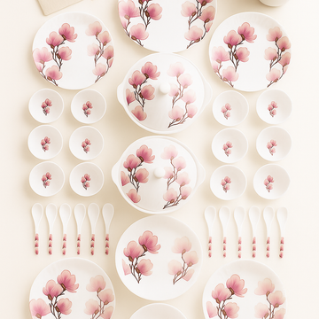 Comfy Homes Round Melamine 41 Pcs Dinner Set | 6 Dinner Plates, 6 Small Plates, 1 Serving Tray, 3 Big Serving Bowls with Lid, 12 Small Bowls, 6 Spoons, 4 Serving Spoons (Pink Blossom) - 0