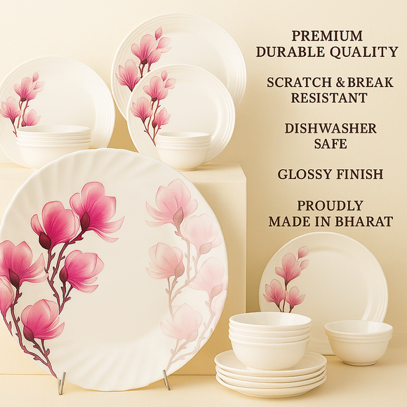 Comfy Homes Round Melamine 41 Pcs Dinner Set | 6 Dinner Plates, 6 Small Plates, 1 Serving Tray, 3 Big Serving Bowls with Lid, 12 Small Bowls, 6 Spoons, 4 Serving Spoons (Pink Blossom)