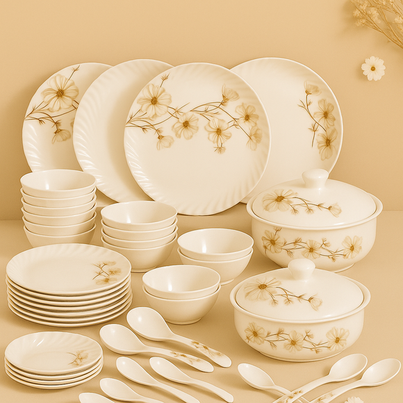 Comfy Homes Round Melamine 41 Pcs Dinner Set | 6 Dinner Plates, 6 Small Plates, 1 Serving Tray, 3 Big Serving Bowls with Lid, 12 Small Bowls, 6 Spoons, 4 Serving Spoons (Amber Grace)