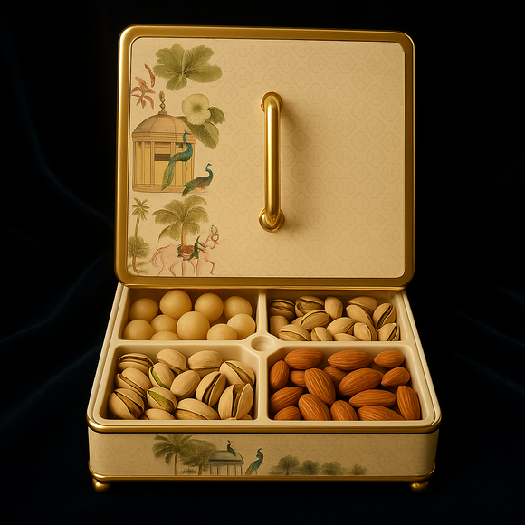 Comfy Homes Multipurpose Container | 4-Section Dry Fruit & Snack Storage Box | Elegant Design Square Shape Dry Food Organizer | Serving Platter & Gift Box for Home & Festive Use (Regal White)