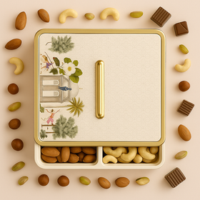 Comfy Homes Multipurpose Container | 4-Section Dry Fruit & Snack Storage Box | Elegant Design Square Shape Dry Food Organizer | Serving Platter & Gift Box for Home & Festive Use (Regal White)