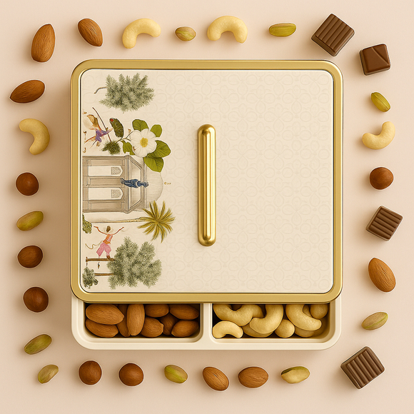 Comfy Homes Multipurpose Container | 4-Section Dry Fruit & Snack Storage Box | Elegant Design Square Shape Dry Food Organizer | Serving Platter & Gift Box for Home & Festive Use (Regal White)