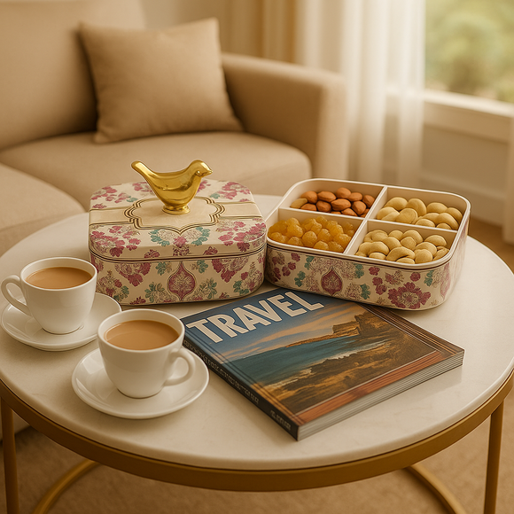 Comfy Homes Multipurpose Container | 4-Section Dry Fruit & Snack Storage Box | Elegant Design Square Shape Dry Food Organizer | Serving Platter & Gift Box for Home & Festive Use (Regenta Multi)