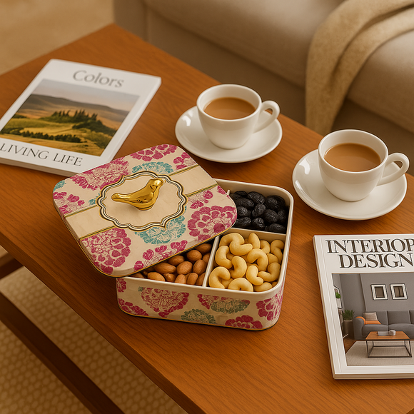 Comfy Homes Multipurpose Container | 4-Section Dry Fruit & Snack Storage Box | Elegant Design Square Shape Dry Food Organizer | Serving Platter & Gift Box for Home & Festive Use (Regenta Multi)