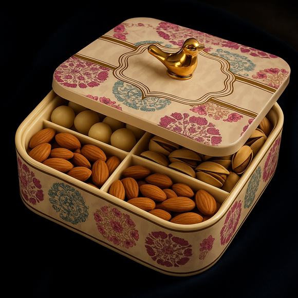 Comfy Homes Multipurpose Container | 4-Section Dry Fruit & Snack Storage Box | Elegant Design Square Shape Dry Food Organizer | Serving Platter & Gift Box for Home & Festive Use (Regenta Multi)