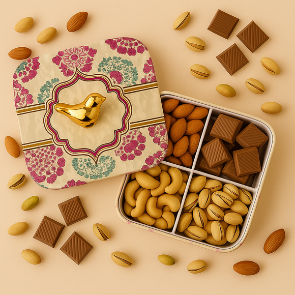 Comfy Homes Multipurpose Container | 4-Section Dry Fruit & Snack Storage Box | Elegant Design Square Shape Dry Food Organizer | Serving Platter & Gift Box for Home & Festive Use (Regenta Multi)