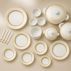 Comfy Homes Pure Melamine Round Dinner Set | 6 Dinner Plates, 6 Small Plates, 1 Serving Tray, 3 Big Serving Bowls with Lid, 12 Small Bowls, 6 Spoons, 4 Serving Spoons (SonaPatra)