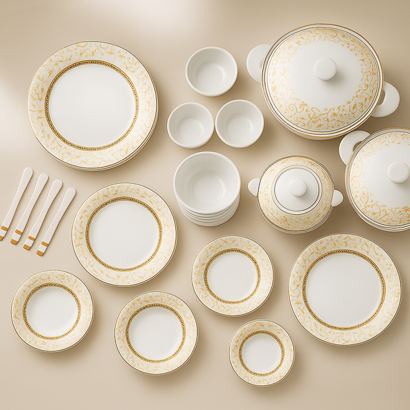 Comfy Homes Pure Melamine Round Dinner Set | 6 Dinner Plates, 6 Small Plates, 1 Serving Tray, 3 Big Serving Bowls with Lid, 12 Small Bowls, 6 Spoons, 4 Serving Spoons (SonaPatra)
