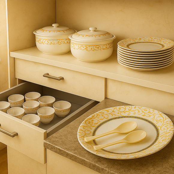 Comfy Homes Pure Melamine Round Dinner Set | 6 Dinner Plates, 6 Small Plates, 1 Serving Tray, 3 Big Serving Bowls with Lid, 12 Small Bowls, 6 Spoons, 4 Serving Spoons (SonaPatra)