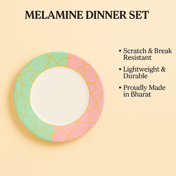 Comfy Homes Round Melamine 41 Pcs Dinner Set | 6 Dinner Plates, 6 Small Plates, 1 Serving Tray, 3 Big Serving Bowls with Lid, 12 Small Bowls, 6 Spoons, 4 Serving Spoons (The Nawabi Series)