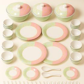 Comfy Homes Round Melamine 41 Pcs Dinner Set | 6 Dinner Plates, 6 Small Plates, 1 Serving Tray, 3 Big Serving Bowls with Lid, 12 Small Bowls, 6 Spoons, 4 Serving Spoons (The Nawabi Series)