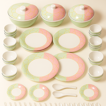 Comfy Homes Round Melamine 41 Pcs Dinner Set | 6 Dinner Plates, 6 Small Plates, 1 Serving Tray, 3 Big Serving Bowls with Lid, 12 Small Bowls, 6 Spoons, 4 Serving Spoons (The Nawabi Series)