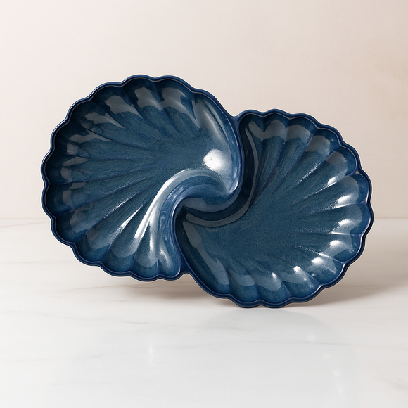 Comfy Homes Ceramic Open Shell Dual Serving Platter | Elegant Stoneware Snack & Dinner Plate | Stylish Brown Modern Design | Ideal for Starters, Snacks, Desserts & Parties (Blue)