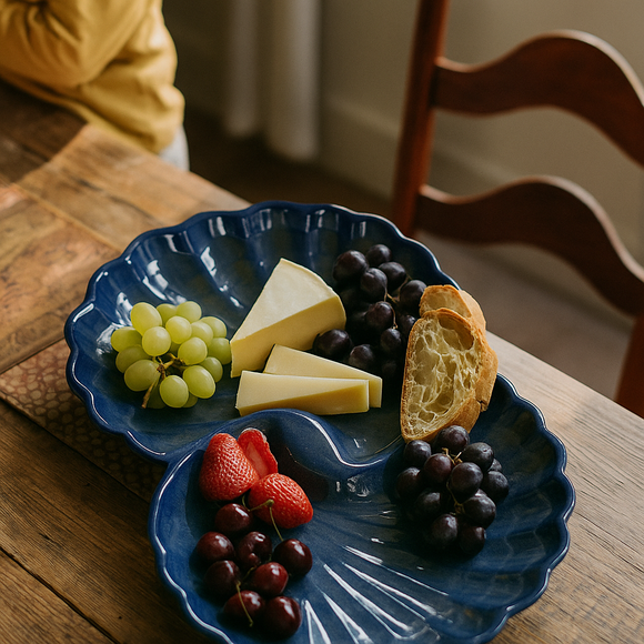 Comfy Homes Ceramic Open Shell Dual Serving Platter | Elegant Stoneware Snack & Dinner Plate | Stylish Brown Modern Design | Ideal for Starters, Snacks, Desserts & Parties (Blue)