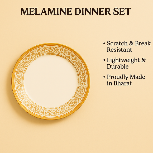 Comfy Homes Round Melamine 41 Pcs Dinner Set | 6 Dinner Plates, 6 Small Plates, 1 Serving Tray, 3 Big Serving Bowls with Lid, 12 Small Bowls, 6 Spoons, 4 Serving Spoons (Kesar Bloom)