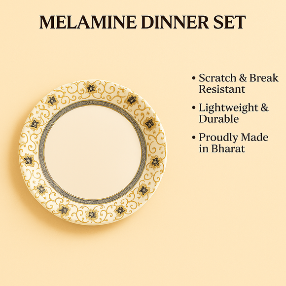 Comfy Homes Round Melamine 41 Pcs Dinner Set | 6 Dinner Plates, 6 Small Plates, 1 Serving Tray, 3 Big Serving Bowls with Lid, 12 Small Bowls, 6 Spoons, 4 Serving Spoons (Gulbahar Luxe)