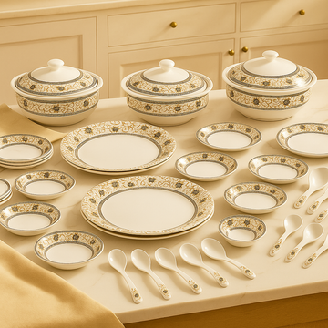 Comfy Homes Round Melamine 41 Pcs Dinner Set | 6 Dinner Plates, 6 Small Plates, 1 Serving Tray, 3 Big Serving Bowls with Lid, 12 Small Bowls, 6 Spoons, 4 Serving Spoons (Gulbahar Luxe)