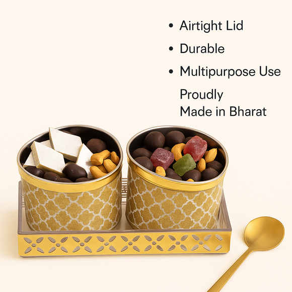 Comfy Homes Revolving Dry Fruit Container Collection | Dry Food Storage Box I Gifting Use I Multi-Purpose Box I Serving Platter with 4 section (Golden Bliss Set of 2)