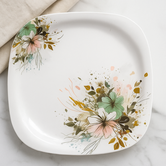 32 Pcs Melamine Dinner Set | Square Design with Dinner Plates, Small Plates, Serving Tray, Bowls with Lids, Spoons & Serving Spoons | Unbreakable & Lightweight Dinnerware (Jade Vista)