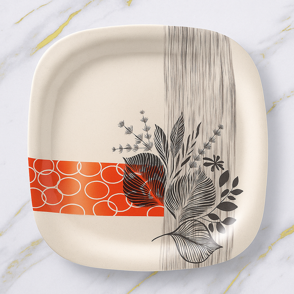 32 Pcs Melamine Dinner Set | Square Design with Dinner Plates, Small Plates, Serving Tray, Bowls with Lids, Spoons & Serving Spoons | Unbreakable & Lightweight Dinnerware (Petal Grove)