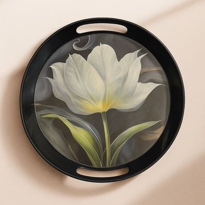 Comfy Homes Round Melamine Tray | Durable, Stackable Serving Tray | Premium Printed Serveware for Kitchen, Dining Table, Coffee Table, Office Desk, Parties, Snacks, Breakfast & More (White Lily)