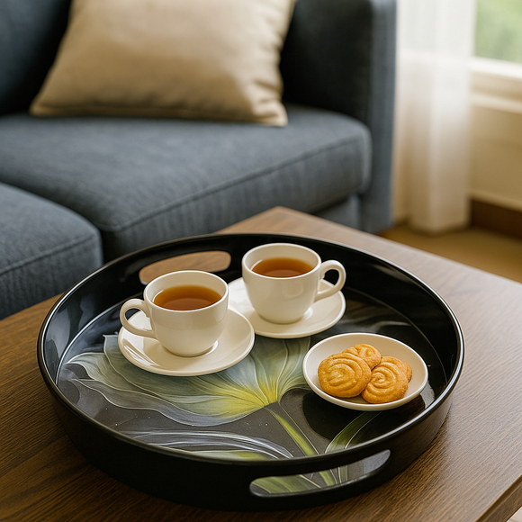 Comfy Homes Round Melamine Tray | Durable, Stackable Serving Tray | Premium Printed Serveware for Kitchen, Dining Table, Coffee Table, Office Desk, Parties, Snacks, Breakfast & More (White Lily)