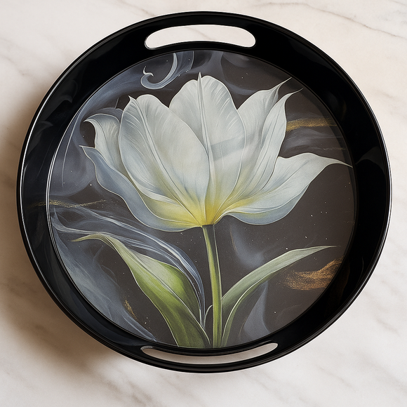 Comfy Homes Round Melamine Tray | Durable, Stackable Serving Tray | Premium Printed Serveware for Kitchen, Dining Table, Coffee Table, Office Desk, Parties, Snacks, Breakfast & More (White Lily)